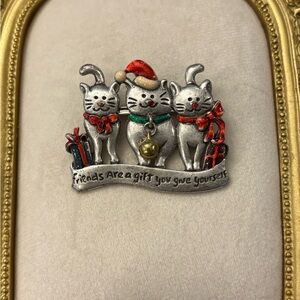Vintage AJMC Cat Enamel Christmas Friends Are The Greatest Gift Brooch Pin Bell